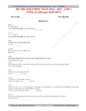 Đề thi Violympic môn Toán lớp 1 vòng 16 - Năm học 2016-2017 - Phạm Xuân Toạn